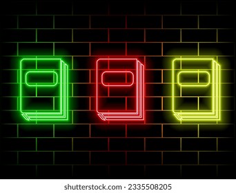 Neon books sign vector isolated on brick wall. Neon closed book light symbol. Vector illustration... green, red, yellow, pink, blue, orange.