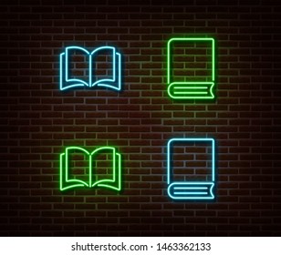 Neon books signs vector isolated on brick wall. Neon open book light symbol. Vector illustration.