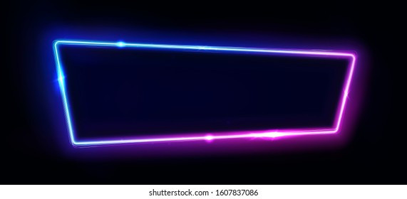 Neon border or frame. Lights sign. Vector abstract neon background for signboard or billboard. Geometric glow outline shape or laser glowing lines. Abstract background with space for logo or text.