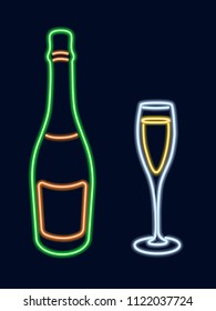 Neon Bottle And A Glass Of Wine. Vector Illustration.