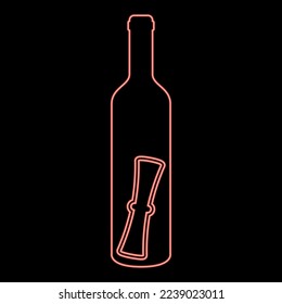 Botella de neón con letra Concepto de mensaje Documento de desplazamiento doblado en el viejo contenedor color rojo ilustración vectorial estilo plano luz