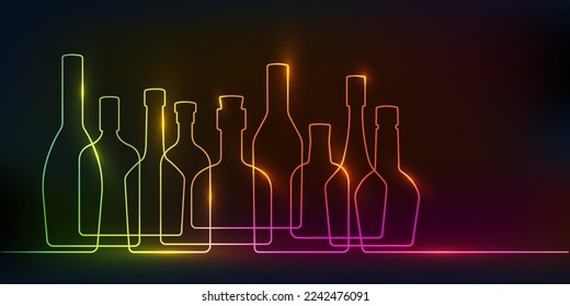  Neon bottles with alcohol.Drink Background.Continuous line drawing.Vector illustration