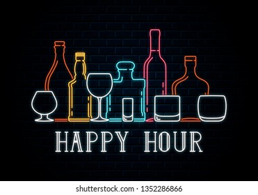 Neon bottles and glasses of whiskey, wine, tequila, champagne, cognac, rum, bourbon. Icon for night pub background. Led luminous sign for cocktail bar signboard happy hour.