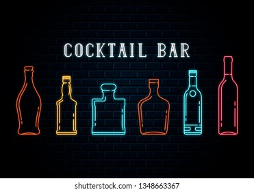 Neon bottles of whiskey, wine, tequila, champagne, cognac, rum, bourbon. Vector isolated illustration. Icon for night pub background. Led luminous sign for cocktail bar signboard.