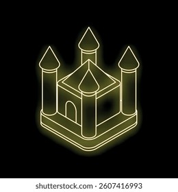 Neon bouncy castle glowing yellow on a black background, perfect for illustrating party entertainment