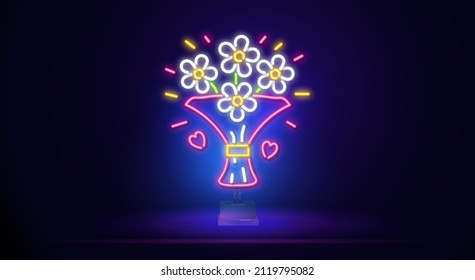 neon bouquet of flowers. neon sign with beautiful flowers in a package. Design for Valentine's day. Night bright neon sign, colorful billboard, light banner. Vector illustration in neon style.