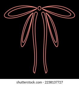 Neon bow with ribbons Adornment packing concept Tape curl bow gift decorative present red color vector illustration image flat style light