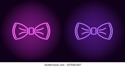 Neon bow tie in purple and violet color. Vector illustration of neon bow knot consisting of outlines, with backlight on the dark background