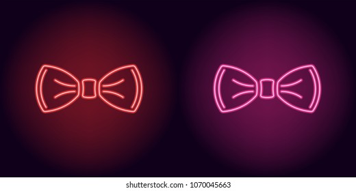 Neon bow tie in red and pink color. Vector illustration of neon bow knot consisting of outlines, with backlight on the dark background