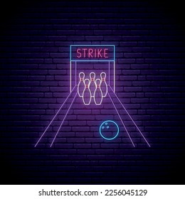 Neon Bowling strike sign. Glowing skittles and ball in retro neon style. Night light signboard. Vector illustration