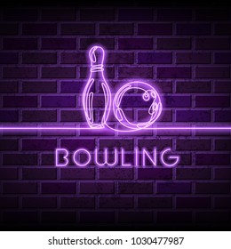 Neon bowling vector illustration. Glowing continuous line drawing of bowling ball, pin and letters on purple brick wall background.