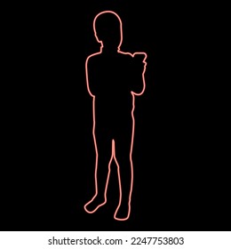 Neon boy holding smartphone phone Playing tablet Male using communication tool Adolescent looking phone addiction Concept dependency from modern technologies red color vector illustration image flat