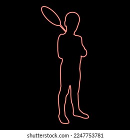 Neon boy holds badminton racket Cute young child holding standing toy shuttlecock Happy concept Teenage action Summer sport activity Camp concept Kid will play Having fun red color vector