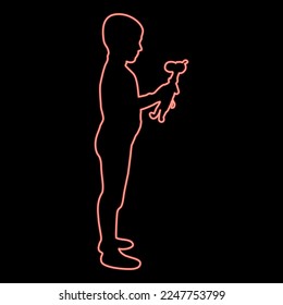 Neon boy holds toy Child hold giraffe Preschool Brother holding amigurumi Son with gifts Teddy plaything presents friend for children kid red color vector illustration image flat style light