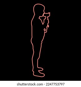 Neon boy kisses toy Child kiss giraffe Preschool Brother kissing amigurumi Son with gifts Teddy plaything presents friend for children kid red color vector illustration image flat style light