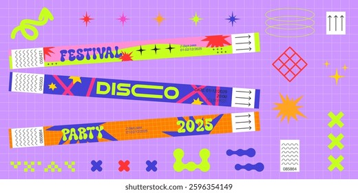 Neon bracelet tickets on purple grid for party events. Pink festival pass, blue disco wristband, orange 2025 entry band. Decorated with stars, wavy patterns. Retro design for nightclub admission.