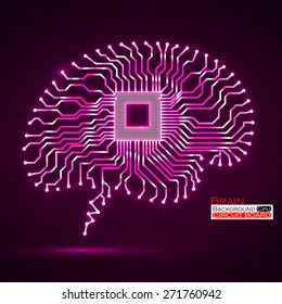 Neon brain. Cpu. Circuit board. Vector illustration. Eps 10