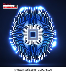 Neon brain. Cpu. Circuit board. Abstract technology background. Vector illustration. Eps 10