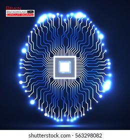 Neon brain. Cpu. Circuit board. Abstract technology background
