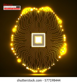 Neon brain. Cpu. Circuit board. Abstract technology background