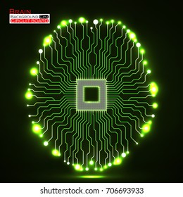 Neon brain. Cpu. Circuit board. Abstract technology background. Vector illustration. Eps 10