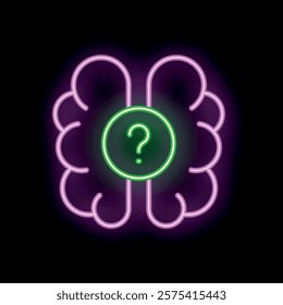 Neon brain glowing purple with a bright green question mark in the center on a black background