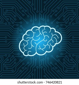 Neon Brain Icon Over Blue Circuit Motherboard Background Vector Illustration