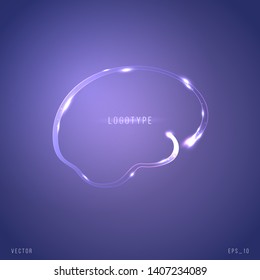 Neon brain symbol vector illustration. Neural logo design concept with white diode glow on purple gradient background. Moving particles of light. Modern science digital logotype with tagline.