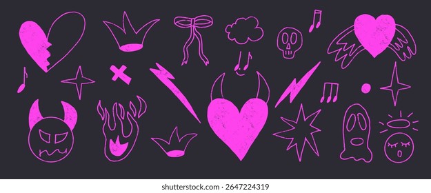 Neon breaking heart line doodles set. Devil and angels purple pink crayon drawn shapes. Scribble grunge love girly elements. Hearts, bows, crown and sketch shapes. Vector quirky pencil illustration.