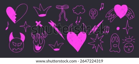 Neon breaking heart line doodles set. Devil and angels purple pink crayon drawn shapes. Scribble grunge love girly elements. Hearts, bows, crown and sketch shapes. Vector quirky pencil illustration.