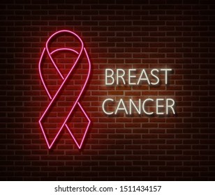 Neon breast cancer awareness signs vector isolated on brick wall. Pink ribbon light symbol, led effect. Neon  illustration.