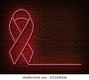 Neon breast cancer awareness signs vector isolated on brick wall. Pink ribbon light symbol, led effect. Neon  illustration.