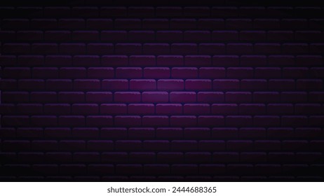 Neon brick wall background. Purple background for neon lights. Dark purple wallpaper with shadows on the edges. Background for neon lights illustrations and other design works. Vector illustration. 
