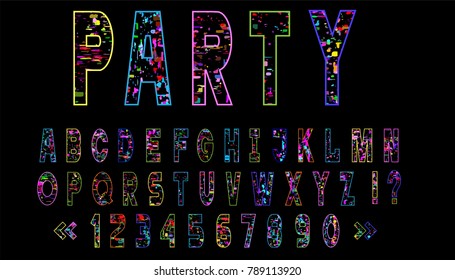 Neon bright alphabet letters, glitch art style,vector set. Retro vintage font for design  party,80's and 90's style. Matrix and pixel effect