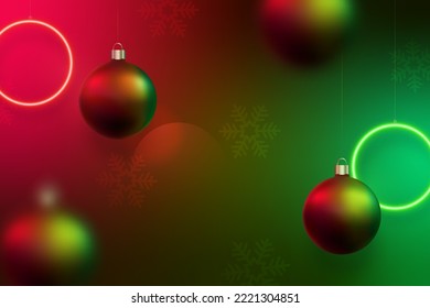 Neon, heller Weihnachtshintergrund. Weihnachtsbanner mit hängenden Neon-Rot-und Grünkreisleuchten, Weihnachtsbällen. Universeller Vektorhintergrund für Banner, Flyer, Web.