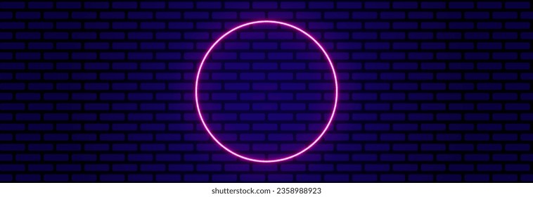 Neon bright circle on brick stylish wall.