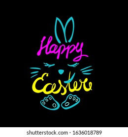 Neon bright colors happy Easter Hand drawn calligraphy brush pen lettering in the form of rabbit on black background. Vector Concept Design of the happy Easter day for holiday banner, card, invitation