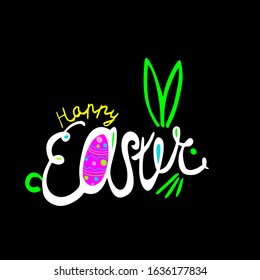 Neon bright colors happy Easter Hand drawn calligraphy brush pen lettering in the form of rabbit on black background. Vector Concept Design of the happy Easter day for holiday banner, card, invitation