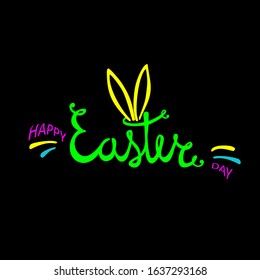 Neon bright colors happy Easter Hand drawn calligraphy brush pen lettering in the form of rabbit on black background. Vector Concept Design of the happy Easter day for holiday banner, card, invitation