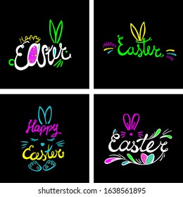 Neon bright colors happy Easter Hand drawn calligraphy brush pen lettering set on black background. Vector Concept Design of the happy Easter day for holiday banner, card, invitation