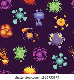 Neon bright explosion bomb effects set of cartoon vector illustrations isolated on dark background. Bursts and flashes with smoke colorful clouds collection.