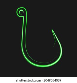 Neon bright fishhook on black background. Glowing electric sign. Vector Illustration