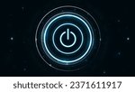 Neon bright glowing cyber power button on blue green color.
