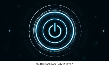 Neon bright glowing cyber power button on blue green color.