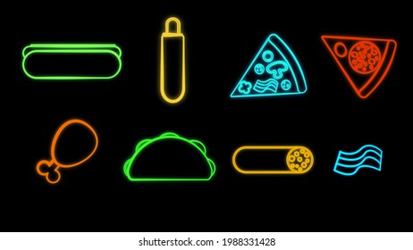 Neon Bright Glowing Multicolored Set Of Eight Icons Of Delicious Food And Snacks Items For Restaurant Bar Cafe: Hot Dog, Pizza, Chicken Leg, Burrito, Sausage, Bacon