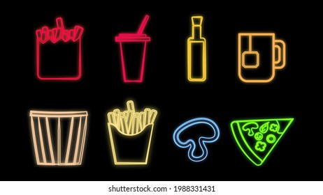 Neon bright glowing multicolored set of eight icons of delicious food and snack items for restaurant bar cafe: fries, soda, olive oil, tea, popcorn, mushroom, pizza