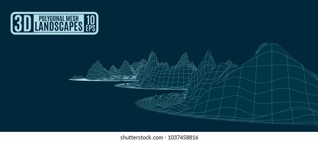 neon bright grid mountain landscape  vector