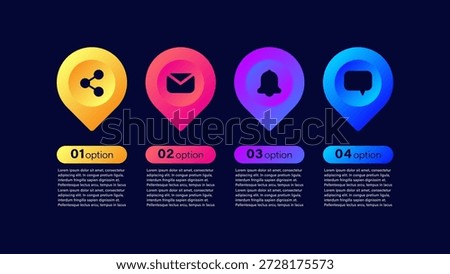 Neon bright infographic elements for data visualization with icons and data. Infographics template on dark blue background.