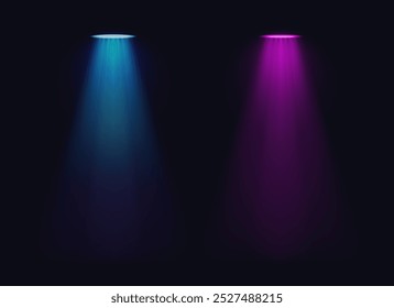 Foco de iluminación brillante de neón con luz mágica. Un efecto de luz aislado sobre fondo oscuro para conciertos, iluminación de escenas, el circo, teatros, fiestas y espectáculos. Un elemento de diseño abstracto. 