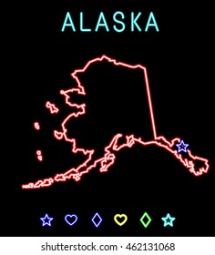 Neon bright lights, Vector illustration with simulated glow lamps and signs. America, USA, Alaska. State map and a set of graphical symbols to mark the cities and the capital. EPS 8.